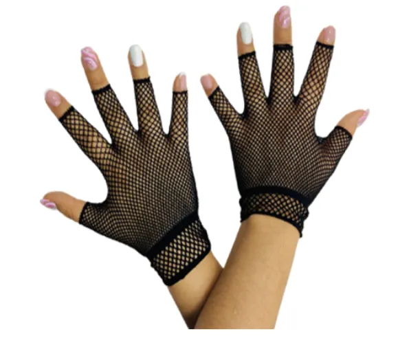 Guantes de red cortos negros 1 Guantes de red cortos de color negro elásticos para accesorios de fiesta, tandas de cotillón carioca y combinaciones con sombreros.