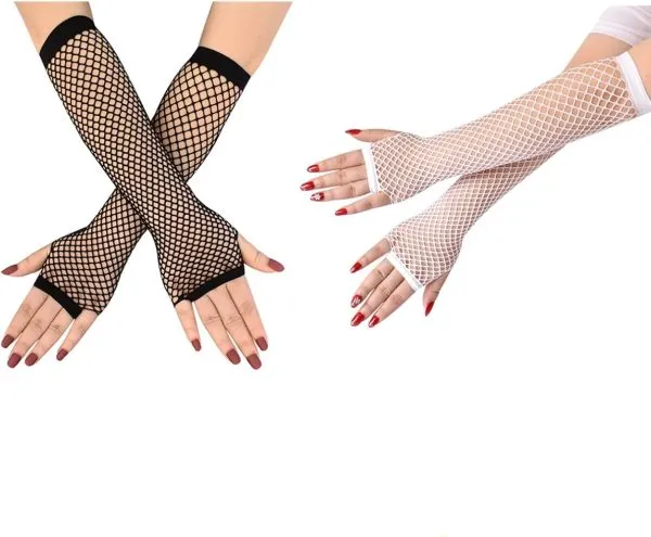Guantes de red largos blanco o negro 1 Guantes de red largos de color blanco y negro elásticos para accesorios de fiesta, tandas de cotillón y combinaciones con sombreros de eventos.