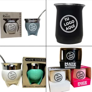 Mates con logo personalizado por mayor en modelos varios para regalos empresarios y souvenirs tradicionales de empresas.