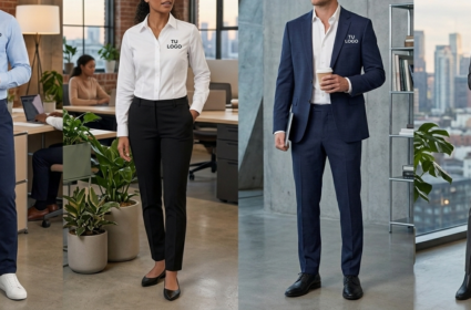 Catálogo de venta de uniformes para empresas: exhibición de camisas corporativas, chombas y prendas de trabajo con logotipos bordados.