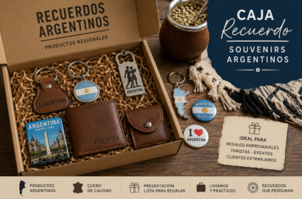 Variedad de recuerdos de Argentina y souvenirs tradicionales sobre un mostrador: mates grabados, bombillas de alpaca, artesanías de cuero y cuchillos criollos.