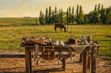 Indumentaria gaucha tradicional y recuerdos regionales argentinos sobre mesa de madera: poncho tejido, sombrero de fieltro, boinas, alpargatas de yute y mates.