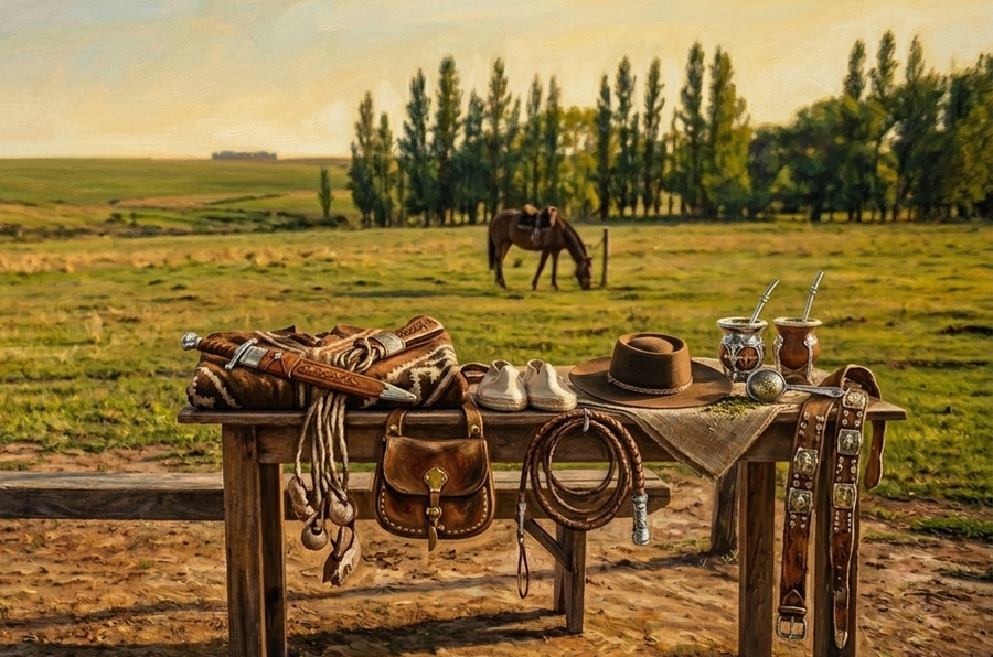 Indumentaria gaucha tradicional y recuerdos regionales argentinos sobre mesa de madera: poncho tejido, sombrero de fieltro, boinas, alpargatas de yute y mates.