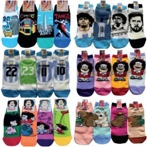 Medias souvenirs de Argentina y Mafalda en modelos varios de diseño textil regional para souvenirs de turismo y regalos corporativos empresarios.