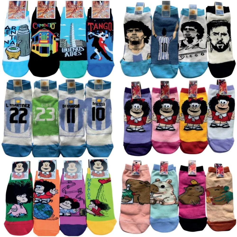Medias Souvenirs Argentina 1 Medias souvenirs de Argentina y Mafalda en modelos varios de diseño textil regional para souvenirs de turismo y regalos corporativos empresarios.