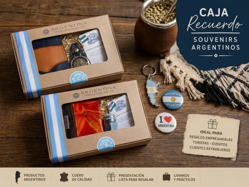 Caja de Recuerdos Argentinos: Ideas de Souvenirs para Regalar 1 Variedad de recuerdos de Argentina y souvenirs tradicionales sobre un mostrador: mates grabados, bombillas de alpaca, artesanías de cuero.