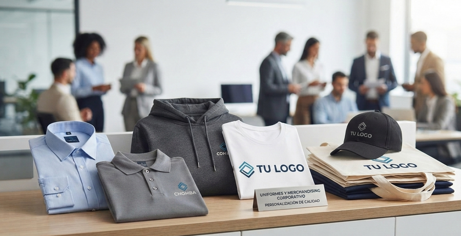 Muestra de ropa personalizada para empresas: camisas, chombas, remeras y gorras corporativas estampadas y bordadas con logotipo de marca.