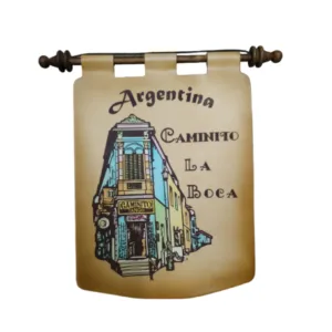 Tapiz de Caminito de Argentina con diseños regionales tradicionales e ilustrados para souvenirs de turismo y regalos empresarios corporativos.