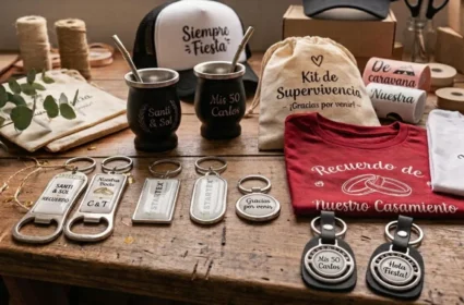 Souvenirs personalizados y originales para casamientos y eventos en Argentina. Exhibición de souvenirs premium en Argentina: mates negros térmicos con grabado láser, gorras trucker, remeras de casamiento y llaveros destapadores con domo resinado.