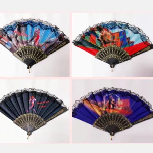 Abanicos de tango de tela argentinos en colores blanco y negro con diseños regionales tradicionales para souvenirs de turismo y regalos empresarios corporativos.