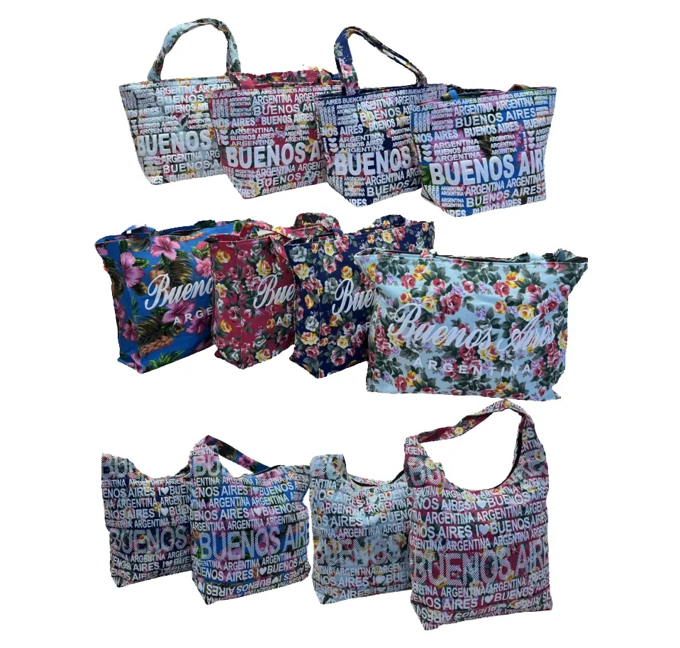 Bolsos de Argentina 1 Bolso de tela con estampados de flores de Argentina en modelos cuadrados chicos y formato manija banana para regalos empresarios y souvenirs de turismo.