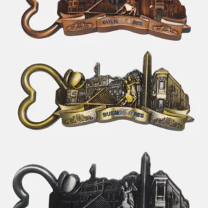 Destapador metálico para botellas en colores metálicos bronce, plata y oro con motivos de Buenos Aires para regalos empresarios y souvenirs.