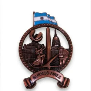 Imán metálico troquelado con relieves de la Ciudad de Buenos Aires para regalos empresarios y souvenirs de turismo de Argentina.