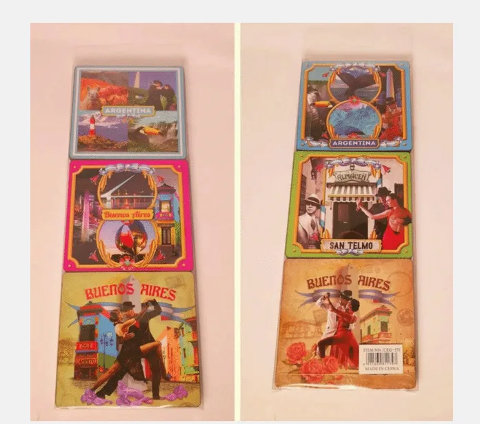 Posavasos Corcho Argentina 1 Posavasos de corcho natural con diseños impresos de tango y Buenos Aires para regalos empresarios y souvenirs de turismo de Argentina.