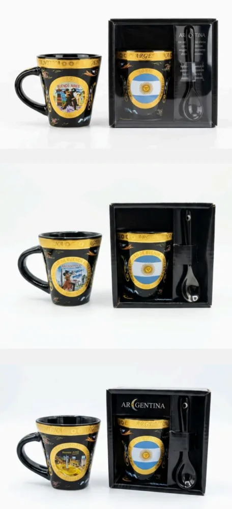 Taza de Argentina 1 Taza de café de vidrio o cerámica con motivos de tango y cucharita en caja de regalo para regalos empresarios y souvenirs de Argentina.