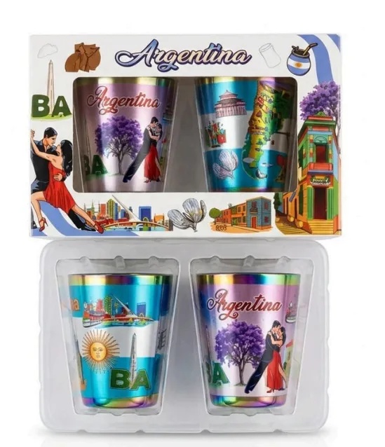 Vasitos Tequileros de Argentina 1 Vasitos tequileros de vidrio para shots artesanales con motivos de tango para regalos empresarios y souvenirs de turismo internacional.